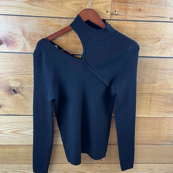 Halogen Shoulder Cutout Mock Neck Rib Sweater NWT Large Black - Picture 2 of 8
